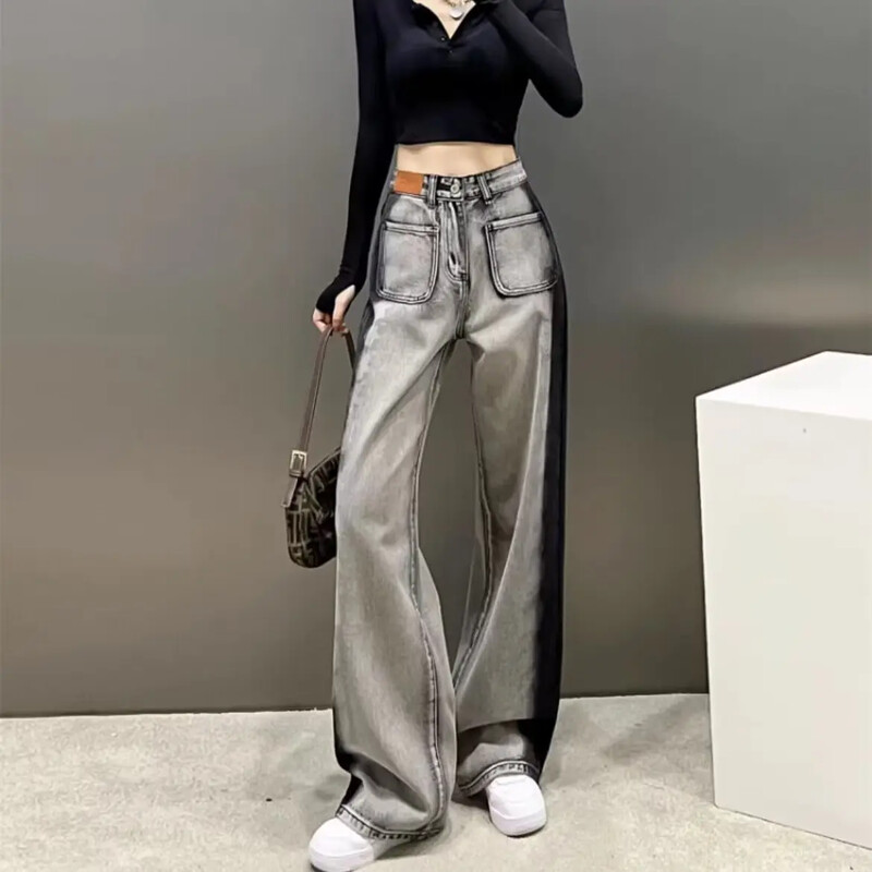 Traperice ravnih nogavica s visokim strukom za mršavljenje Ženske široke hlače u američkom stilu Dizajn Sensibility Bb Color Blocking