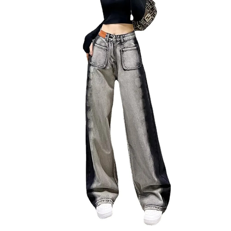 Traperice ravnih nogavica s visokim strukom za mršavljenje Ženske široke hlače u američkom stilu Dizajn Sensibility Bb Color Blocking