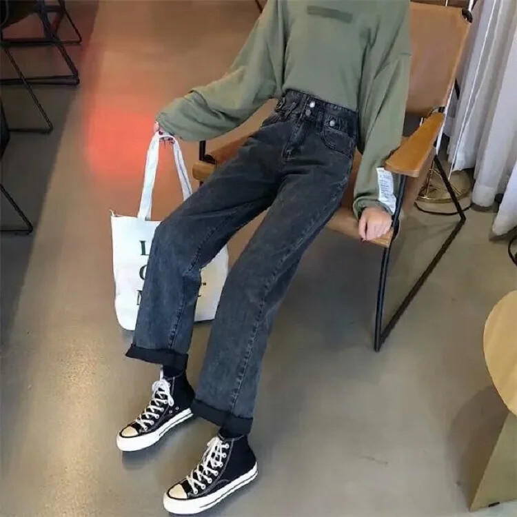 Винтидж дънки Дамски нов дизайн в американски стил с висока талия, дребна, свободна кройка, драпирана дънкова пола с прави крачоли