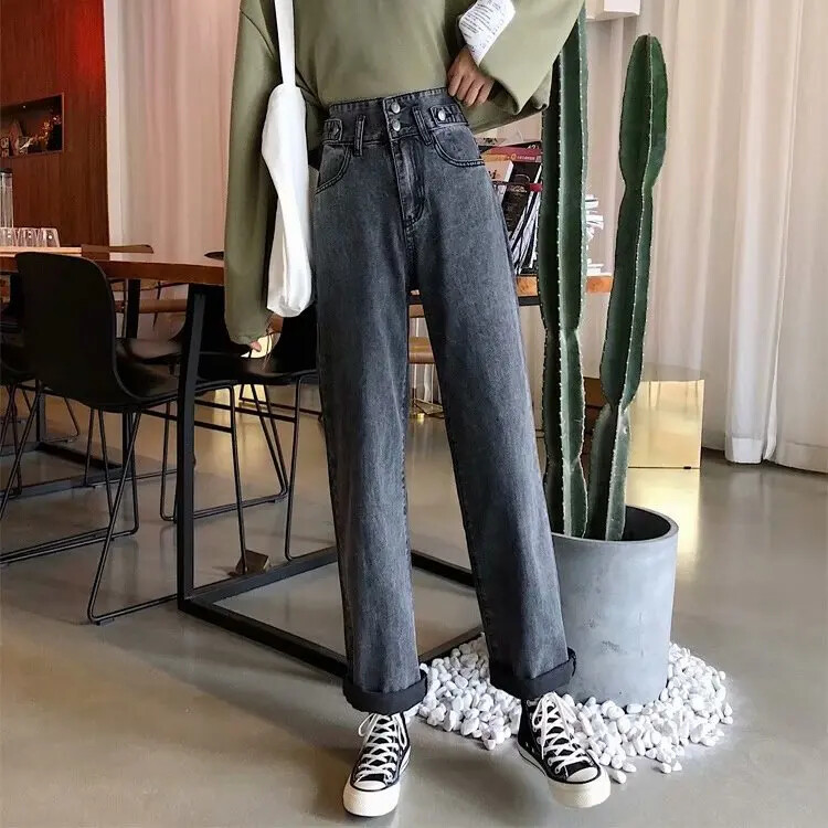 Винтидж дънки Дамски нов дизайн в американски стил с висока талия, дребна, свободна кройка, драпирана дънкова пола с прави крачоли