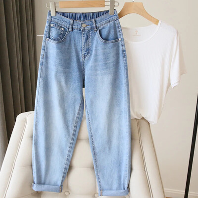 8845 Primăvară Toamnă 5xl Pantaloni casual de denim largi, pentru femei, cu talie înaltă, fermoar drept, blugi simpli, albaștri negri, pantaloni harem pentru femei