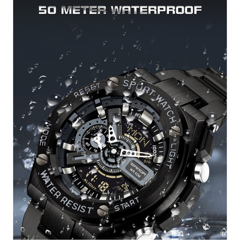 Muški satovi s dvostrukim zaslonom, vodootporni, potpuno čelični, višenamjenski ručni svjetlosni elektronički sat za muškarce