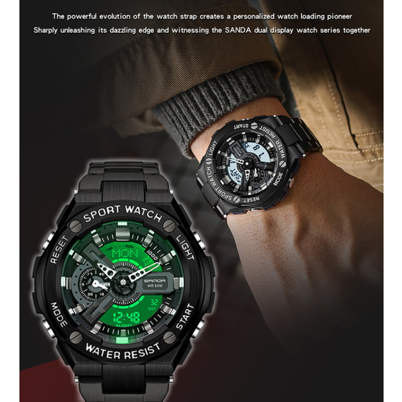 Muški satovi s dvostrukim zaslonom, vodootporni, potpuno čelični, višenamjenski ručni svjetlosni elektronički sat za muškarce