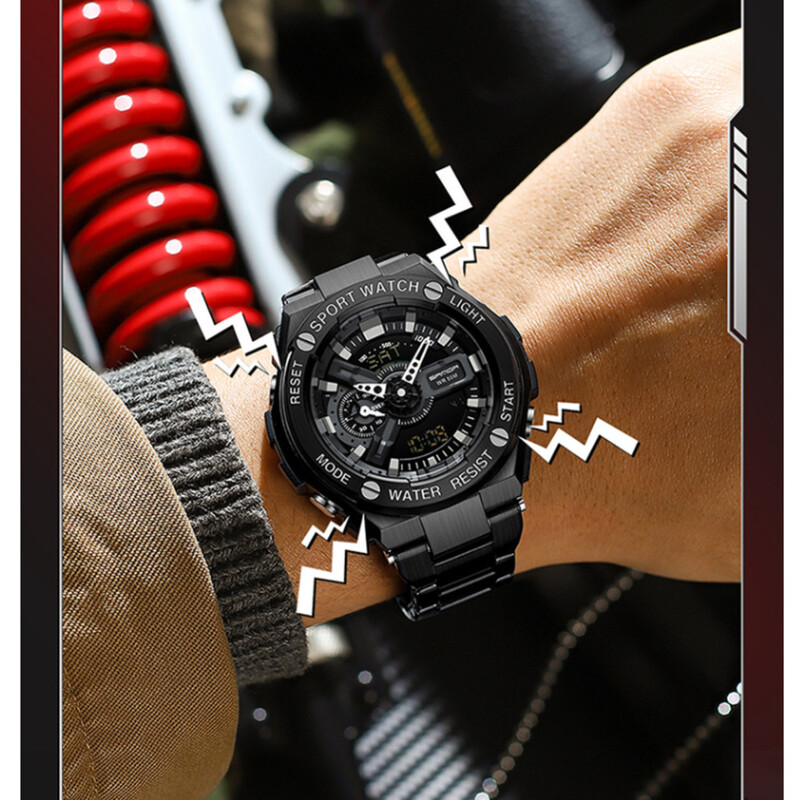 Muški satovi s dvostrukim zaslonom, vodootporni, potpuno čelični, višenamjenski ručni svjetlosni elektronički sat za muškarce