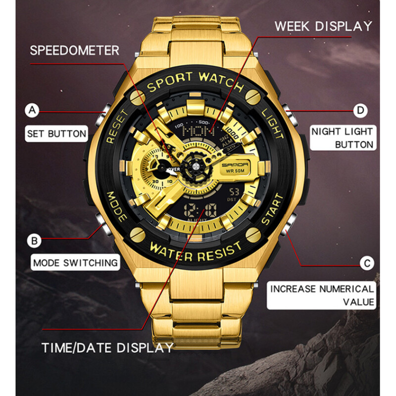 Muški satovi s dvostrukim zaslonom, vodootporni, potpuno čelični, višenamjenski ručni svjetlosni elektronički sat za muškarce