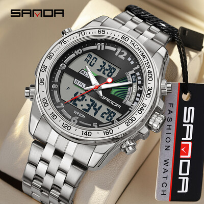 SANDA 3307 Ceas Bărbați Moda Elegant Multifuncțional Business Rotund Electronic Quartz Afișaj Dual Ceasuri Curea din oțel inoxidabil