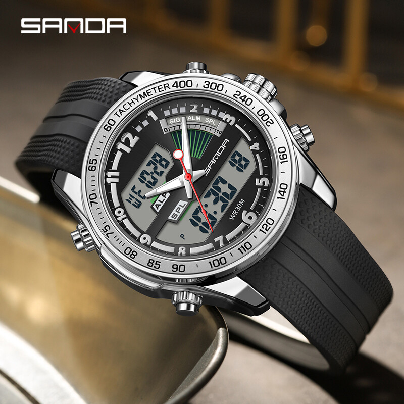 SANDA 3307 Muški sat Modni elegantni višenamjenski poslovni okrugli elektronski kvarcni satovi s remenom od nehrđajućeg čelika s dva zaslona
