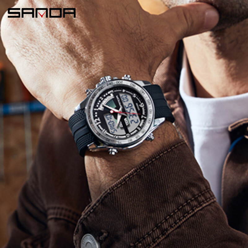 SANDA 3307 Muški sat Modni elegantni višenamjenski poslovni okrugli elektronski kvarcni satovi s remenom od nehrđajućeg čelika s dva zaslona