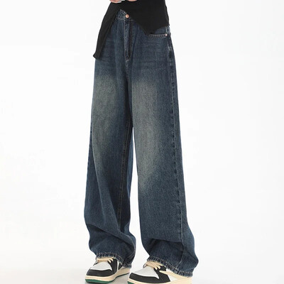 Femei cu talie înaltă blugi slim cu picioare largi Femei High Street Y2k Anii 2000 Pantaloni casual Lady Fashion Negru Albastru Pantaloni largi din denim