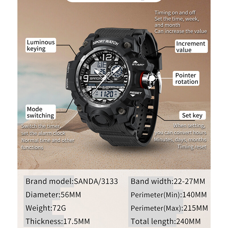 SANDA G stil Novi muški sat 50M vodootporan sportski vojni kvarcni sat za muški Electron LED digitalni ručni sat Reloj De Hombre