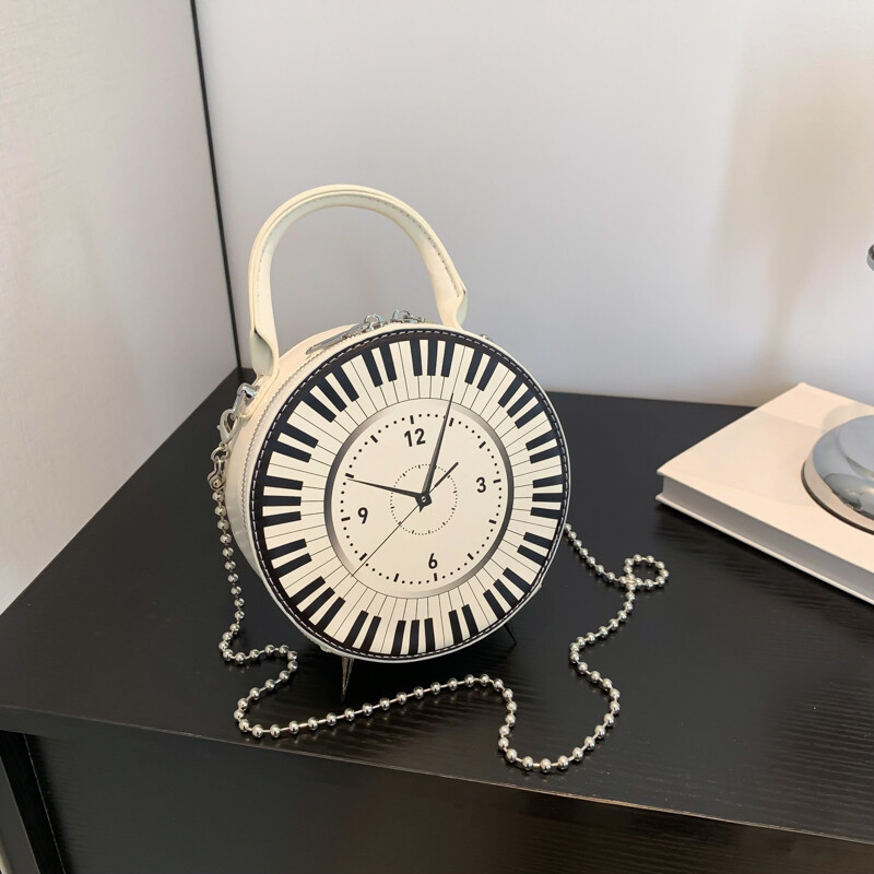 Ženska PU kreativna okrugla torba sa satom i remenom za lanac Retro torbica sa satom Ručna torba velikog kapaciteta Torba preko ramena u obliku sata Torba s gornjom ručkom