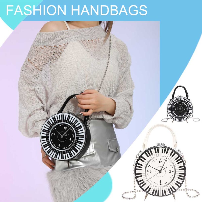 Ženska PU kreativna okrugla torba sa satom i remenom za lanac Retro torbica sa satom Ručna torba velikog kapaciteta Torba preko ramena u obliku sata Torba s gornjom ručkom