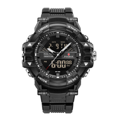 FOXBOX Muški satovi 5ATM Vodootporni dvostruki zaslon Muški kvarcni ručni sat Kronograf LED Svjetleći alarm Muški elektronički sat Muški