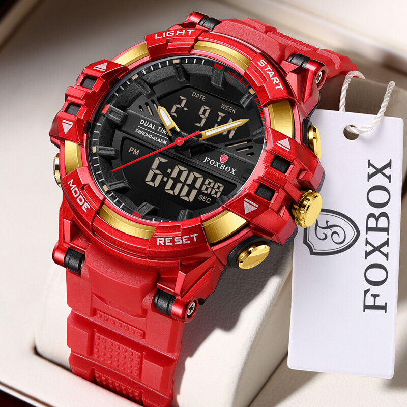 FOXBOX Muški satovi 5ATM Vodootporni dvostruki zaslon Muški kvarcni ručni sat Kronograf LED Svjetleći alarm Muški elektronički sat Muški