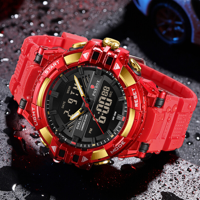 FOXBOX Muški satovi 5ATM Vodootporni dvostruki zaslon Muški kvarcni ručni sat Kronograf LED Svjetleći alarm Muški elektronički sat Muški