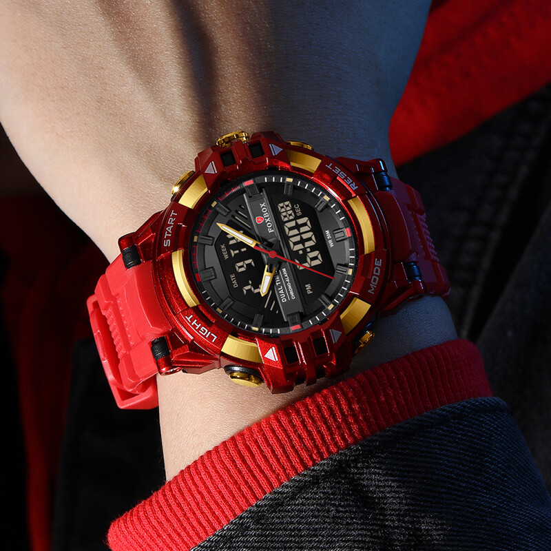 FOXBOX Muški satovi 5ATM Vodootporni dvostruki zaslon Muški kvarcni ručni sat Kronograf LED Svjetleći alarm Muški elektronički sat Muški