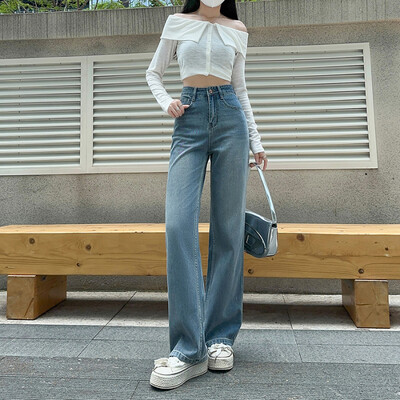 Ženske modne traper traperice Duge ležerne hlače Opuštene ravne široke modne dnevne kratke hlače s visokim strukom