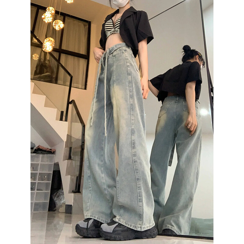 Ameerika stiilis väikesed kõrge vöökohaga laia säärega teksad naistele Uue disainiga Sensibility salendavad drapeeritud sirge säärega trendikas