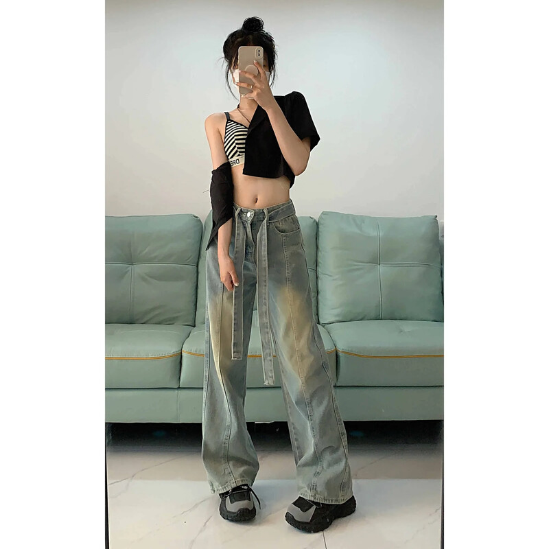 Ameerika stiilis väikesed kõrge vöökohaga laia säärega teksad naistele Uue disainiga Sensibility salendavad drapeeritud sirge säärega trendikas