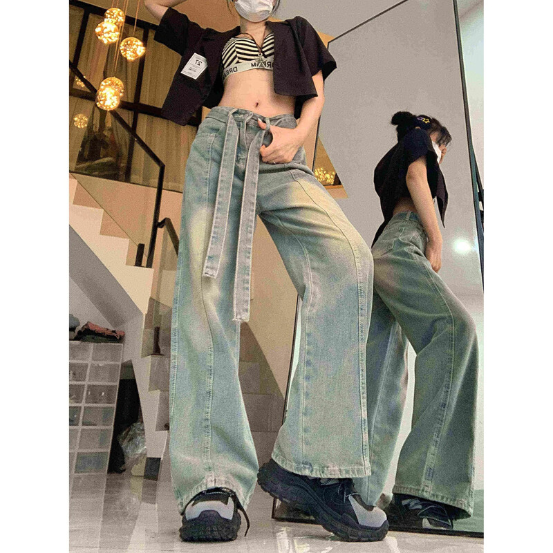 Ameerika stiilis väikesed kõrge vöökohaga laia säärega teksad naistele Uue disainiga Sensibility salendavad drapeeritud sirge säärega trendikas