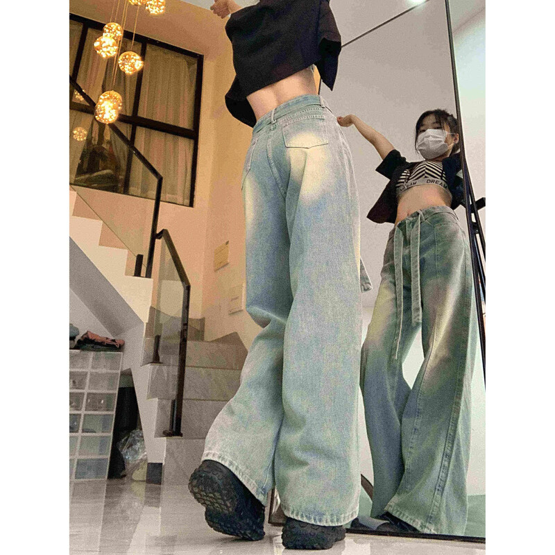 Ameerika stiilis väikesed kõrge vöökohaga laia säärega teksad naistele Uue disainiga Sensibility salendavad drapeeritud sirge säärega trendikas