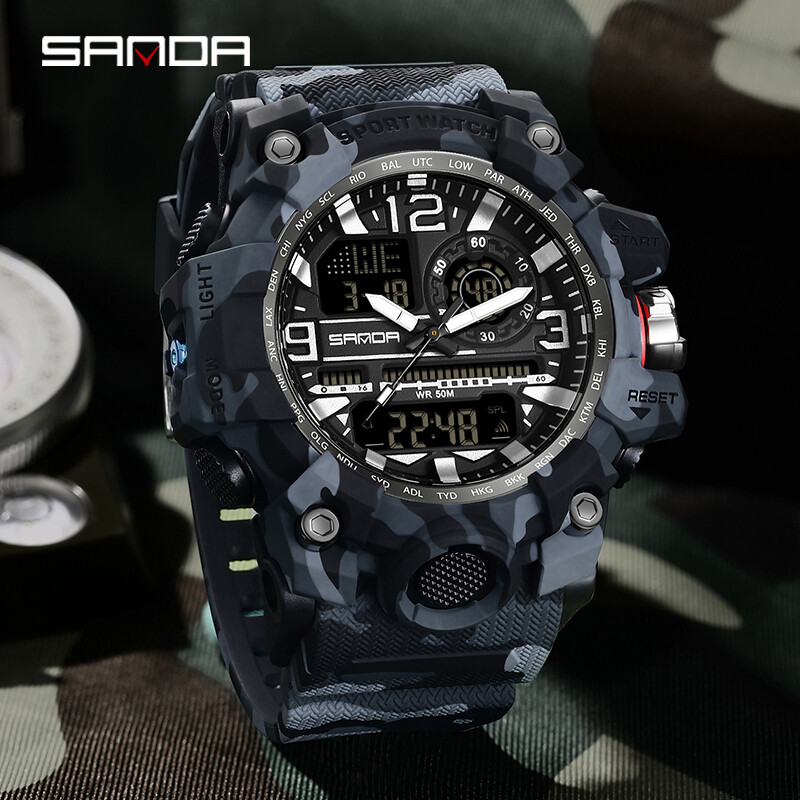 SANDA Fashion Camo G Style Vojni muški sat LED Digitalni vanjski sportski Elektronička štoperica Vodootporni satovi Ležerni muški sat