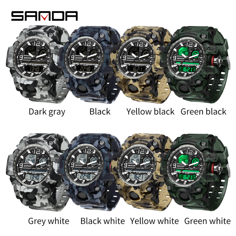 SANDA Fashion Camo G Style Vojni muški sat LED Digitalni vanjski sportski Elektronička štoperica Vodootporni satovi Ležerni muški sat
