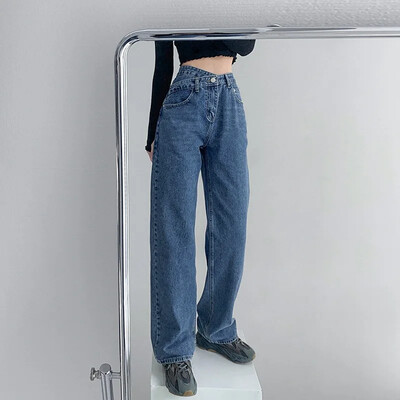 Kõrge vöökohaga naiste vintage teksad Lahtised sirge säärega salendavad drapeeritud teksapüksid