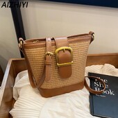 Torba od slame za žene Torba od slame preko ramena od rafije Pletene torbe na rame Ručna torba od PU kože od ratana Torbice Ljetna torba za plažu 2024.