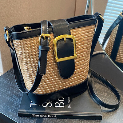 Torba od slame za žene Torba od slame preko ramena od rafije Pletene torbe na rame Ručna torba od PU kože od ratana Torbice Ljetna torba za plažu 2024.