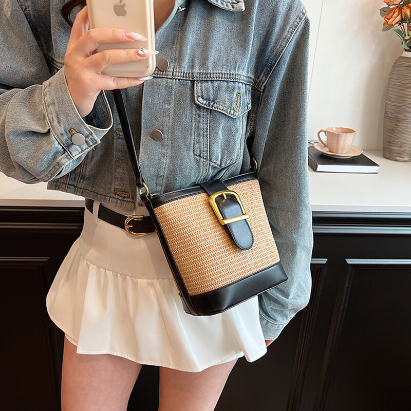 Torba od slame za žene Torba od slame preko ramena od rafije Pletene torbe na rame Ručna torba od PU kože od ratana Torbice Ljetna torba za plažu 2024.