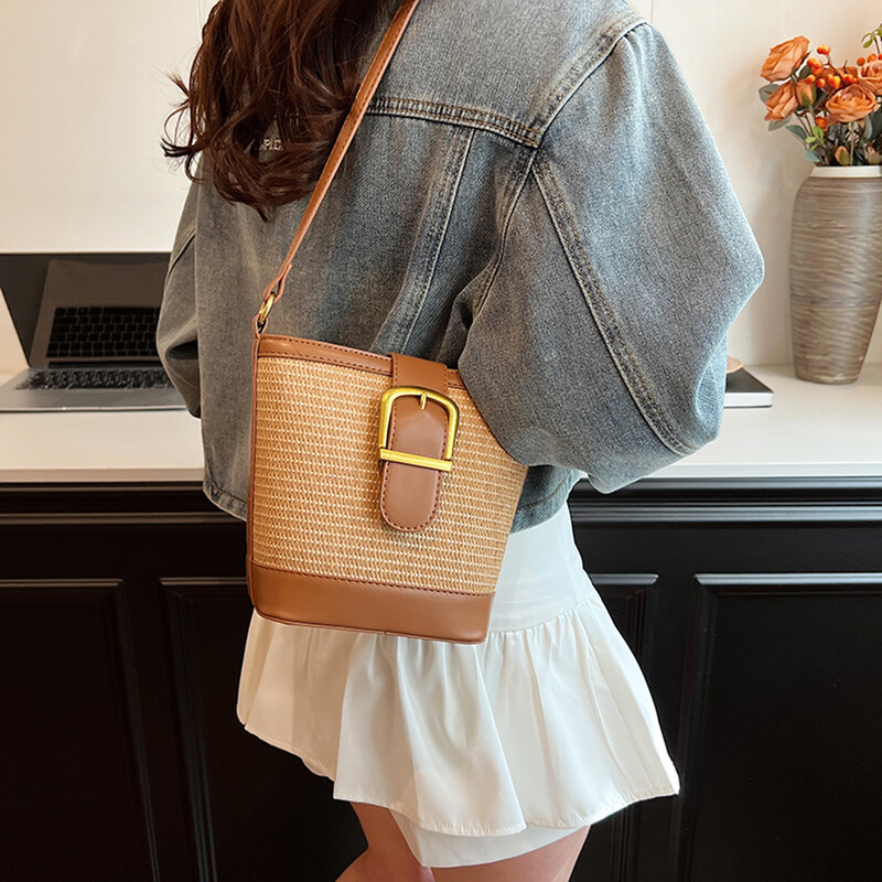 Torba od slame za žene Torba od slame preko ramena od rafije Pletene torbe na rame Ručna torba od PU kože od ratana Torbice Ljetna torba za plažu 2024.