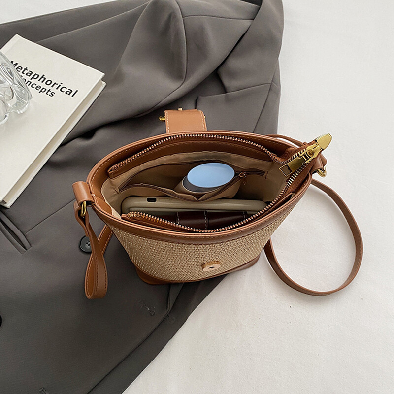 Torba od slame za žene Torba od slame preko ramena od rafije Pletene torbe na rame Ručna torba od PU kože od ratana Torbice Ljetna torba za plažu 2024.