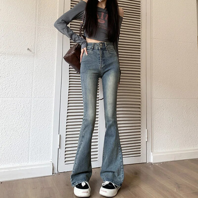 Teksad Naiste kevadsügis uues stiilis Ameerika vintage topeltpandlaga salenemist suurendavad kõrge vöökohaga elastsed kellukesega püksid