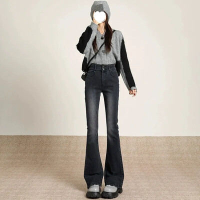 Teksad Naiste kevadsügis uues stiilis Ameerika vintage topeltpandlaga salenemist suurendavad kõrge vöökohaga elastsed kellukesega püksid