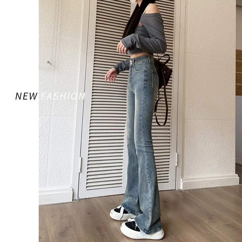 Teksad Naiste kevadsügis uues stiilis Ameerika vintage topeltpandlaga salenemist suurendavad kõrge vöökohaga elastsed kellukesega püksid