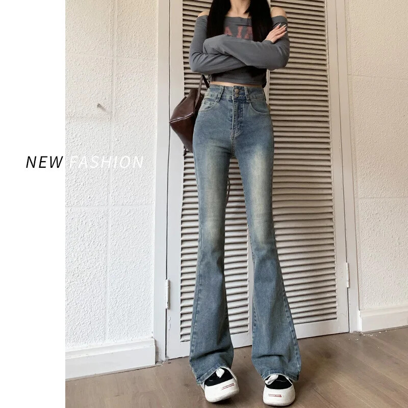 Teksad Naiste kevadsügis uues stiilis Ameerika vintage topeltpandlaga salenemist suurendavad kõrge vöökohaga elastsed kellukesega püksid