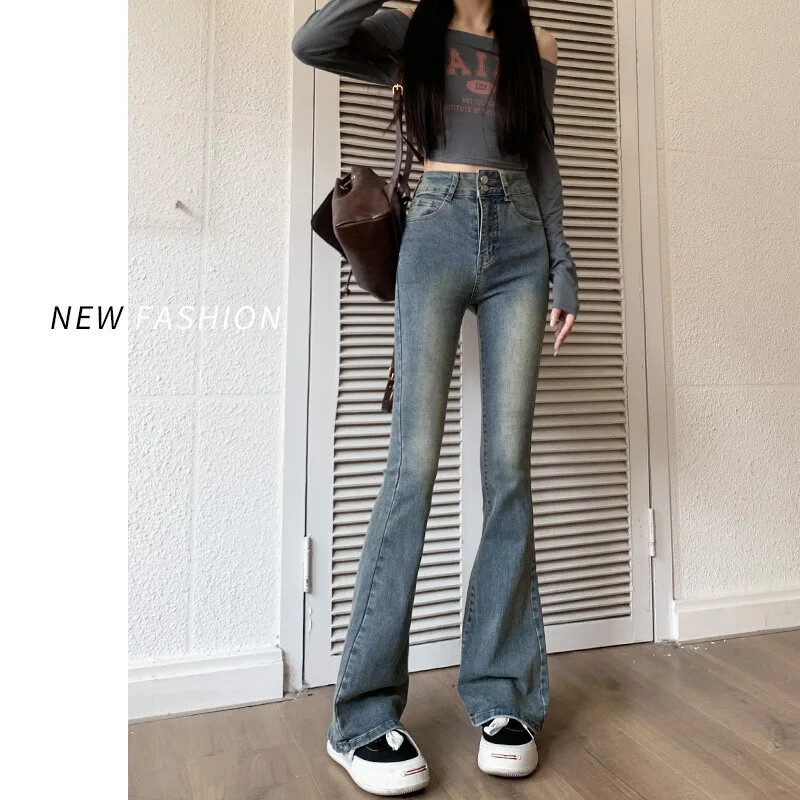 Teksad Naiste kevadsügis uues stiilis Ameerika vintage topeltpandlaga salenemist suurendavad kõrge vöökohaga elastsed kellukesega püksid