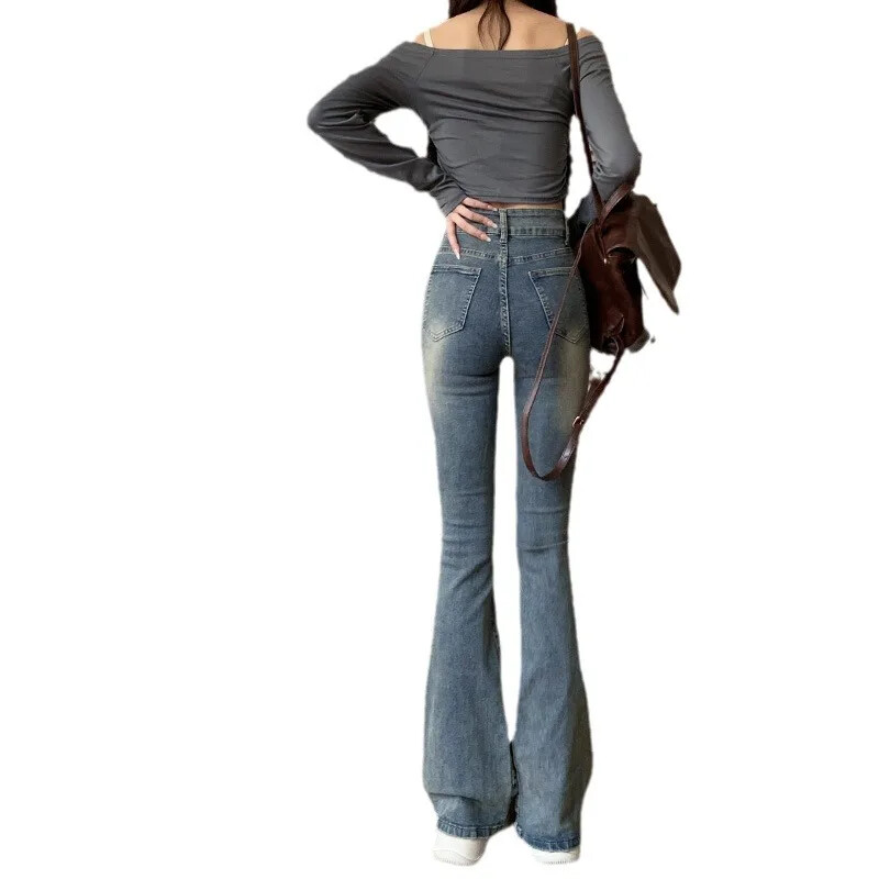 Teksad Naiste kevadsügis uues stiilis Ameerika vintage topeltpandlaga salenemist suurendavad kõrge vöökohaga elastsed kellukesega püksid