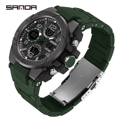 SANDA Ceasuri Sport Bărbați Ceasuri de mână cu cuarț, cu afișaj dublu, digital, analogic, cu LED, impermeabil, pentru înot, ceas militar 9009