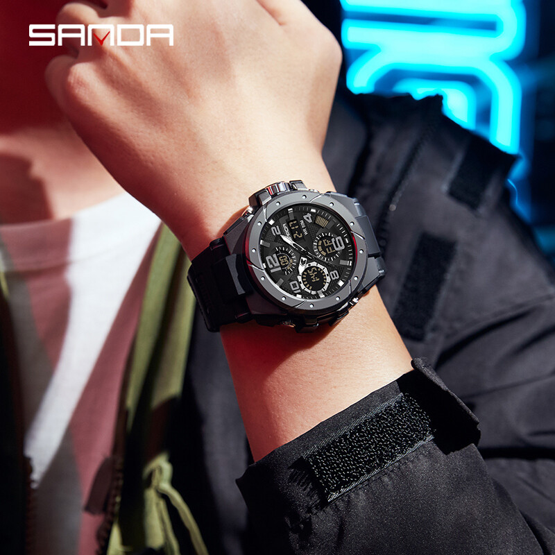 SANDA muški sportski satovi s dvostrukim zaslonom analogni digitalni LED elektronski kvarcni ručni satovi vodootporni vojni sat za plivanje 9009