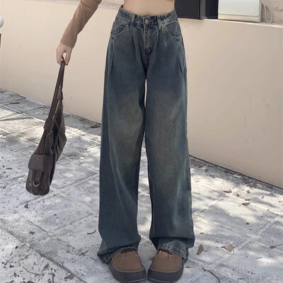 Ženske vintage prevelike traperice visokog struka Ženske modne punk ležerne hlače ravnih nogavica Harajuku sive gotičke traper hlače