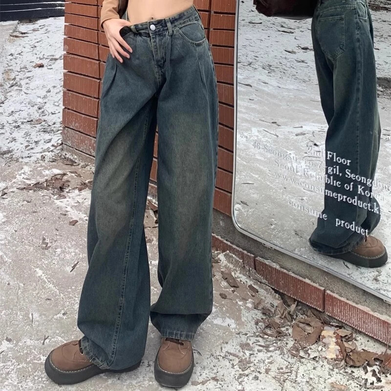 Ženske vintage prevelike traperice visokog struka Ženske modne punk ležerne hlače ravnih nogavica Harajuku sive gotičke traper hlače