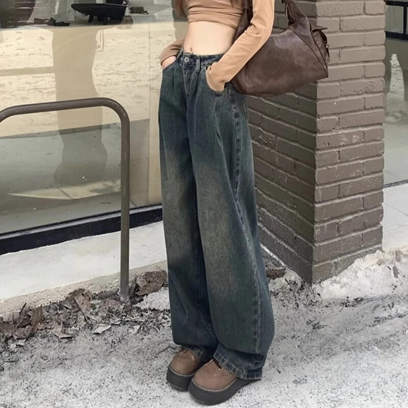 Ženske vintage prevelike traperice visokog struka Ženske modne punk ležerne hlače ravnih nogavica Harajuku sive gotičke traper hlače