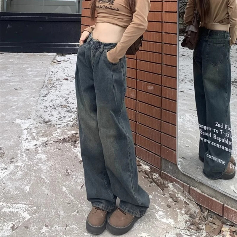 Ženske vintage prevelike traperice visokog struka Ženske modne punk ležerne hlače ravnih nogavica Harajuku sive gotičke traper hlače