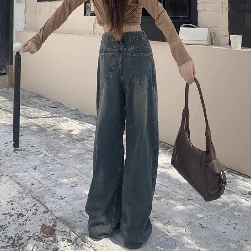 Ženske vintage prevelike traperice visokog struka Ženske modne punk ležerne hlače ravnih nogavica Harajuku sive gotičke traper hlače