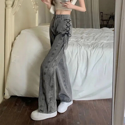 Pantaloni de blugi pentru femei de stradă Y2K, pantaloni americani cu talie înaltă cu șireturi, pantaloni casual șic pentru femei, pantaloni largi coreeani vintage pentru femei
