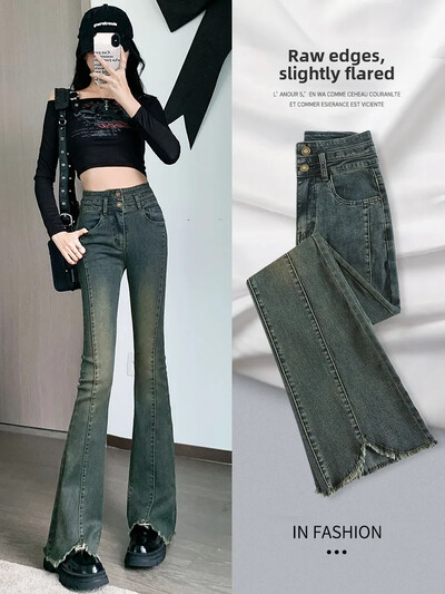 Бетонно сиви микро разкроени дънки Дамски пролет есенни панталони с висока талия и двойна катарама Ретро панталони с ресни в американски стил