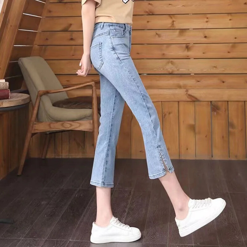 Malene traperice ravnih nogavica visokog struka za žene, ljetna tanka verzija, široke svestrane hlače s prorezima sa strane i sedam točaka