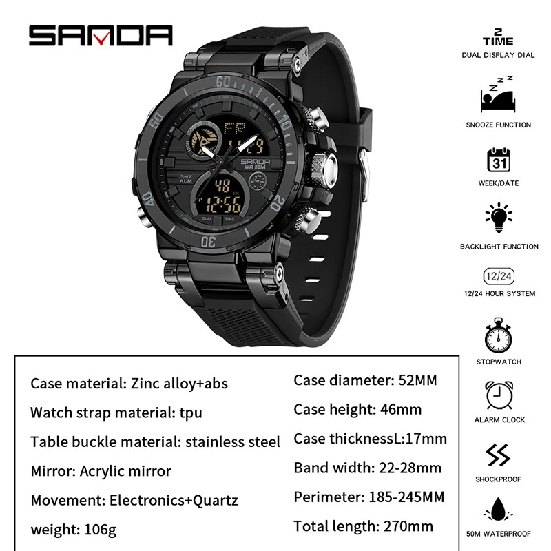 SANDA G stil Muški sat s dvostrukim zaslonom Sportovi na otvorenom Elektronički ručni sat Budilica Vodootporni kronograf Kvarcni satovi